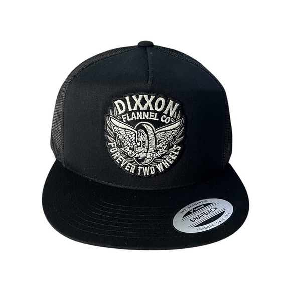 Dixxon Forever Two Wheels Black w White Logo Flat Bill Trucker Hat New Unworn - Picture 1 of 1